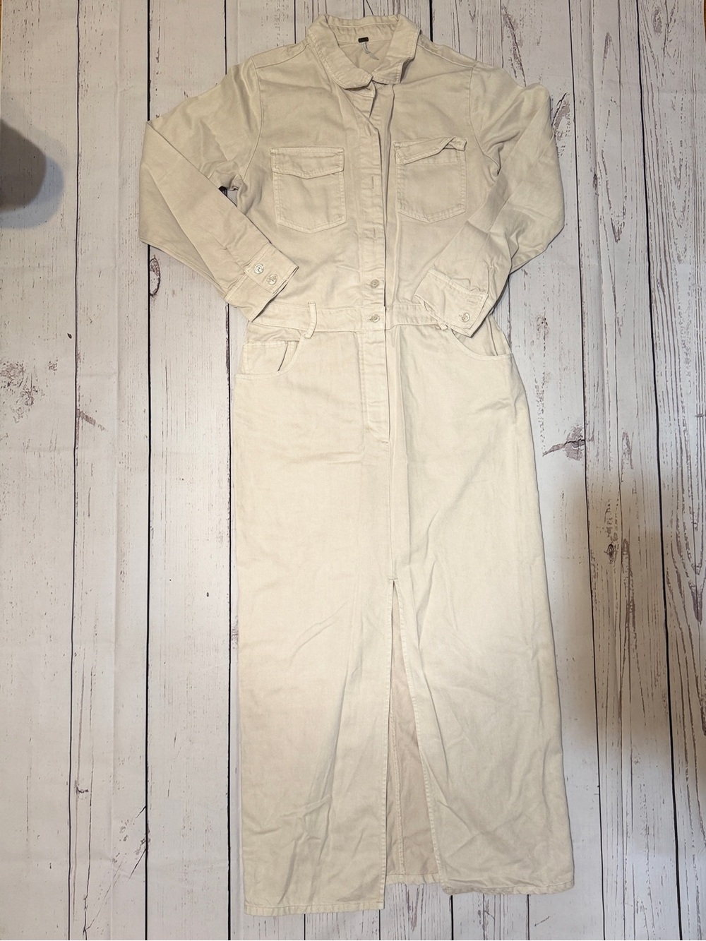 Neutral Cream Long-Sleeve Utility Maxi Dress